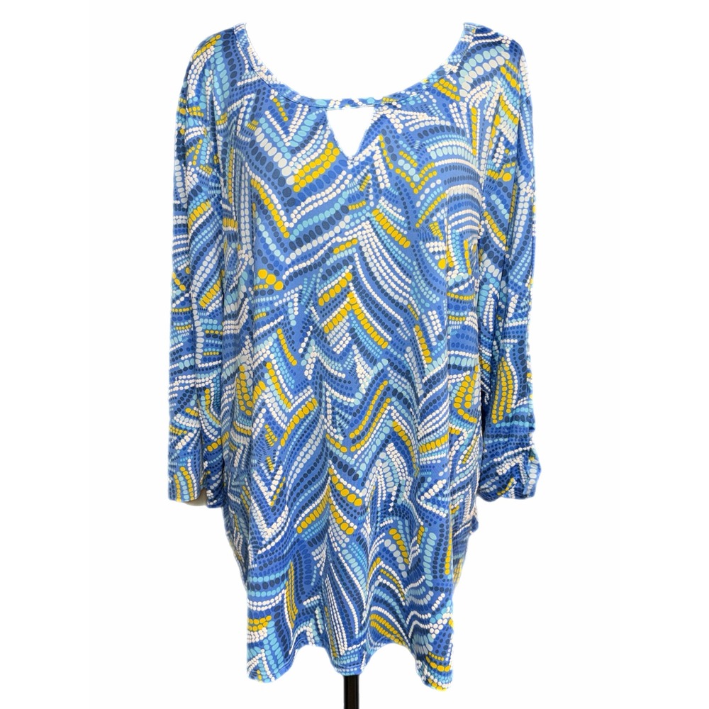 Ruby Rd Woman Blue Yellow Geometric Dot Print Tunic Top 2X